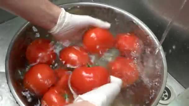 Handen wassen tomaten. — Stockvideo