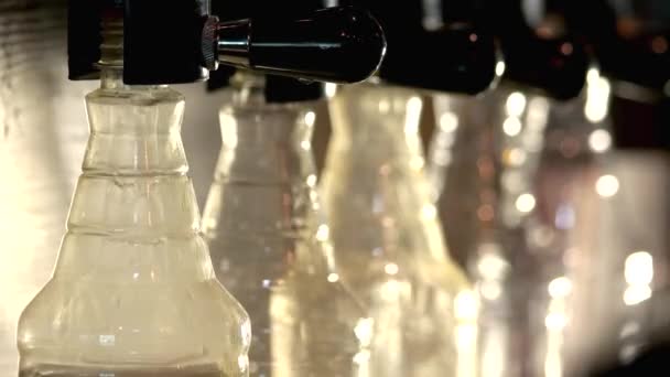 Robinets de bière remplissant des bouteilles en plastique . — Video