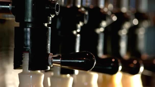 Stäng upp plast flaskor fyllda med olika öl sorts. — Stockvideo