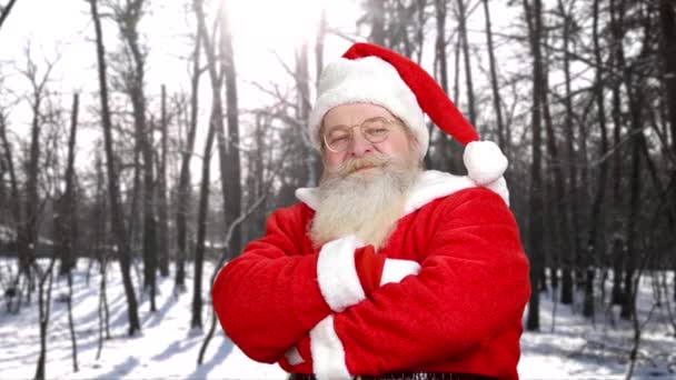 サンタ クロースは 屋外の親指を示します つの手の親指をあきらめるサンタ クロースの衣装で幸せな老人の肖像画 クリスマスの奇跡を信じてください — ストック動画