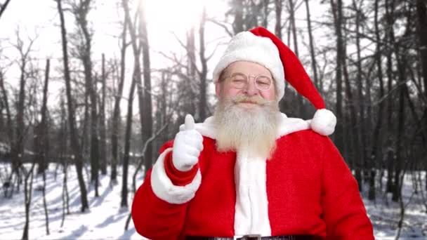 Senior Santa Claus tonen twee duimen omhoog. — Stockvideo