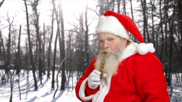 Pai Natal sênior fumando seu cachimbo ao ar livre . — Vídeo de Stock