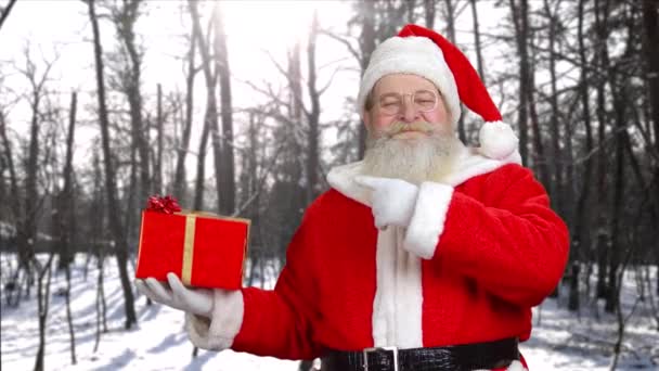 Santa Claus sonriente con caja de regalo roja . — Vídeos de Stock