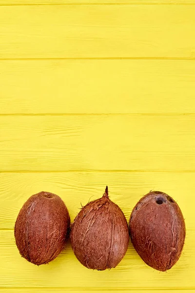 Drei Kokosnüsse mit Kopierraum obendrauf. — Stockfoto