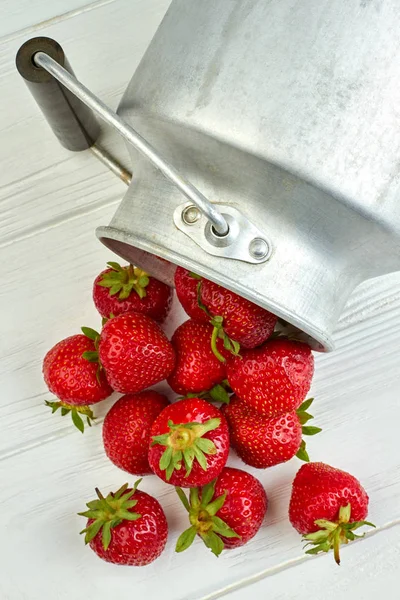 Strawberries spilled out from bucket. — Stock Photo, Image