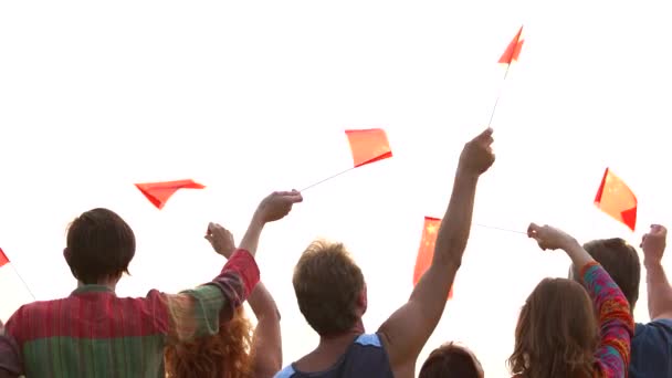 Menschen schwenken chinesische Fahnen, Rückansicht. — Stockvideo