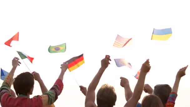 Les gens agitant différents drapeaux à l'extérieur . — Video