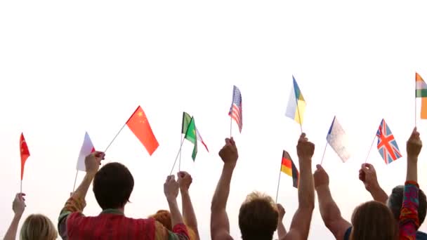 Persone di diverse nazionalità che recano la loro bandiera . — Video Stock