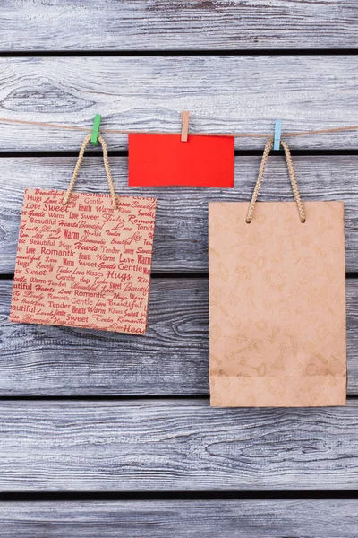 Recyclable paper bags hanging on rope with clothespins. — Stock Photo, Image