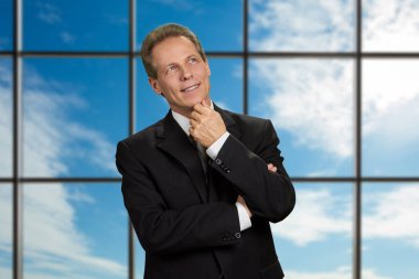 Gökyüzü arka plan üzerinde düşünme olgun işadamı.