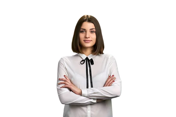 Retrato de mujer sonriente con los brazos cruzados . —  Fotos de Stock