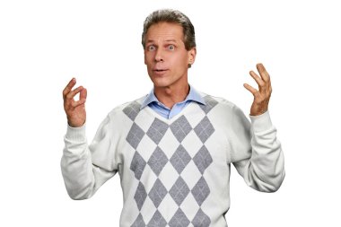 Beyaz arka plan üzerinde mutlu şaşırmış adam.