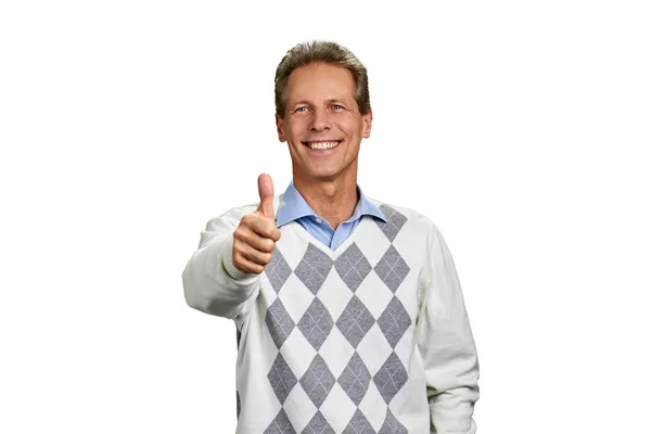 Retrato de homem feliz com sinal de polegar para cima . — Fotografia de Stock