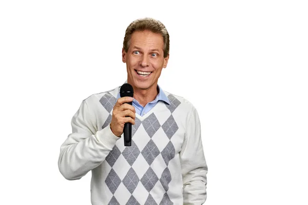 Potrait of happy man with microphone. — Stock Photo, Image