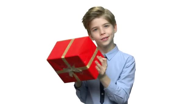 Lindo niño sacudiendo caja de regalo grande . — Vídeo de stock