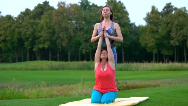 Frau praktiziert Yoga mit Trainerin im Freien. — Stockvideo