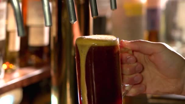 Köpüklü koyu bira bardağı yavaşça damlıyor.. — Stok video