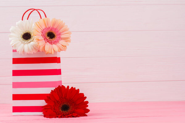 Shopping bag with flowers and free space for text.