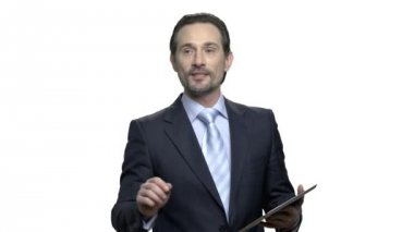 İş hoparlör pc tablet ile portresi.