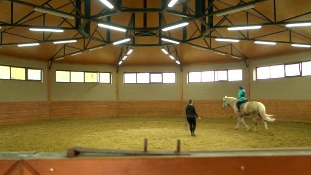 Instruktur kuda membantu anak belajar menunggang kuda . — Stok Video