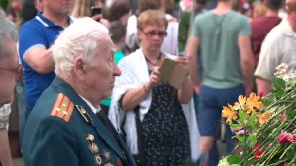 Old officer veteran in crowded park. — Stock Video