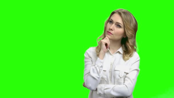 Young thoughtful woman on Chroma Key background. — 비디오