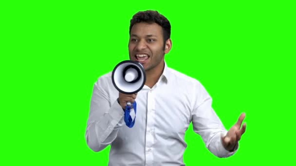 Expressive businessman talking in megaphone. — Stock Video