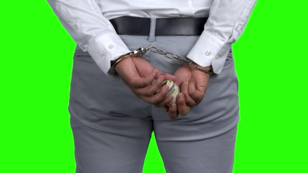 Businessman in handcuffs holds money. — Stock Video