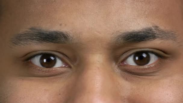 Närbild bruna ögon mörkhyade mannen. — Stockvideo