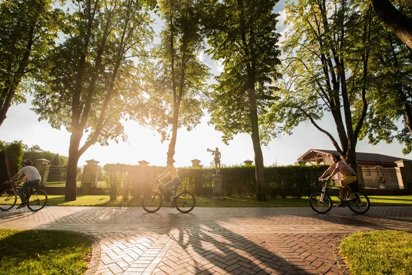 화창한 날에는 공원에서 자전거를 타는 친구들. — 스톡 사진
