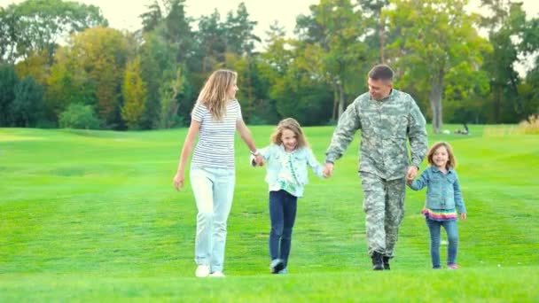 Familie wandelen op het gras, handen vasthouden. — Stockvideo