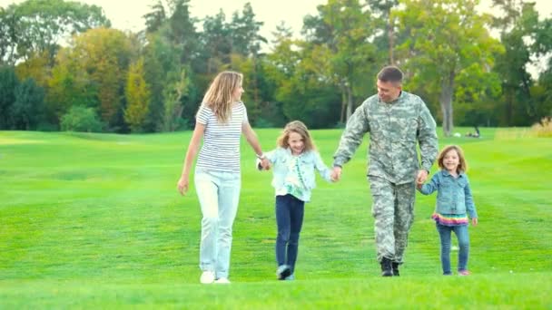 Aile çimlerin üzerinde yürüyor, el ele tutuşuyor. — Stok video