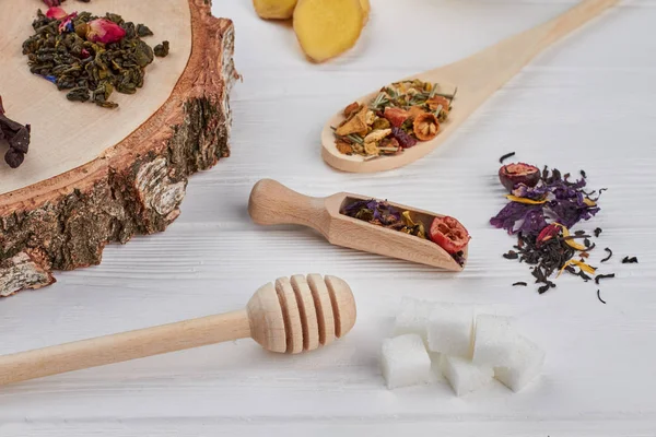 Kuru çay farklı türleri ile Düz lay kompozisyon.