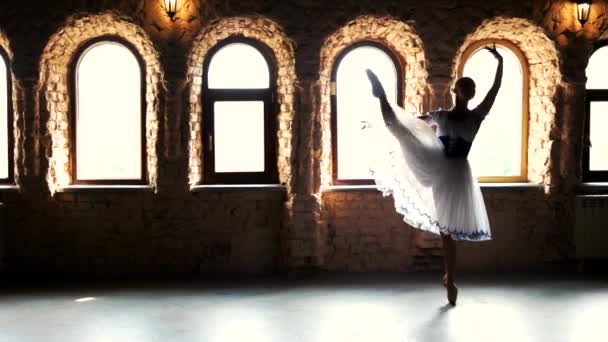 窓の背景に踊る優雅な大人のバレリーナ. — ストック動画