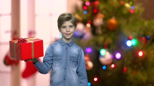 Маленький мальчик держит рождественский подарок . — стоковое видео
