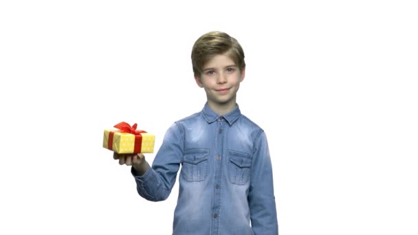 Porträt eines schönen Kindes mit Geschenkbox. — Stockvideo