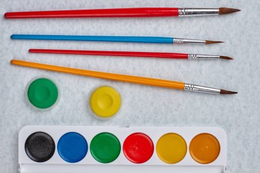 Beyaz arka plan üzerinde boya fırçaları ile suluboya paleti.