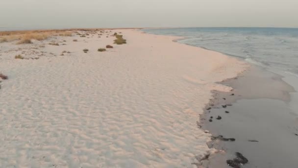 Letecký pohled na písečnou pláž a oceán s vlnami. — Stock video