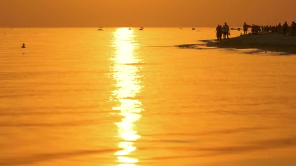 Gün batımında sahilde yürüyüş insanlar. — Stok video
