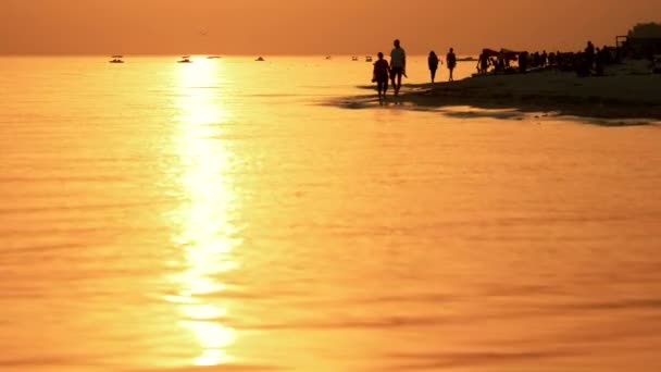 Personnes marchant sur la plage au coucher du soleil. — Video