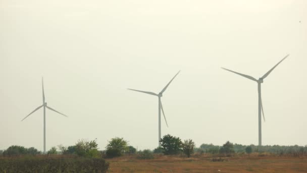 Skupina větrných elektráren na zemědělských polích. — Stock video