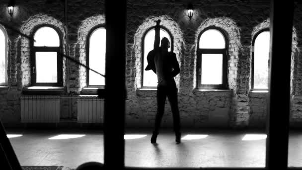 Slow motion ballet man having workout in studio. — Stock Video