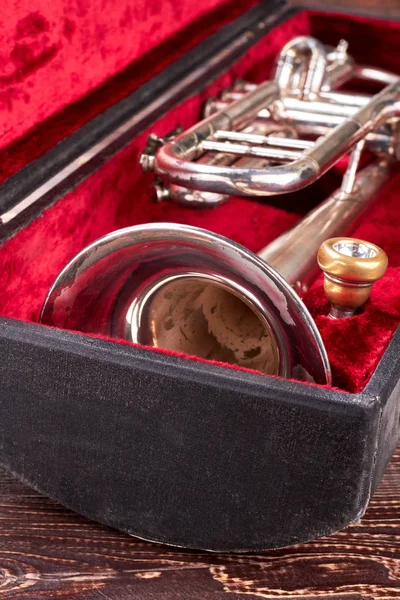 Kadife kutuda eski trompet.