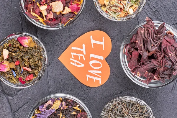 I love tea card and assorted teas. — Stock Photo, Image