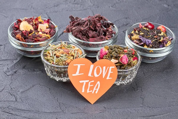 I love tea composition with assorted teas. — Stock Photo, Image