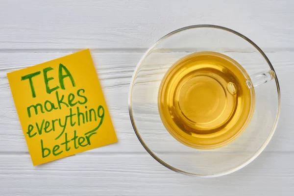 Cup of tea and yellow paper card. — Stock Photo, Image