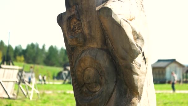 Close-up houten sculptuur buiten. — Stockvideo