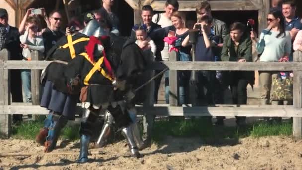 Men dressed in medieval armour reenact a battle. — Stock Video