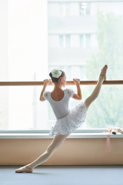 Ballet meisje doet oefeningen bij ballet Barre. — Stockfoto