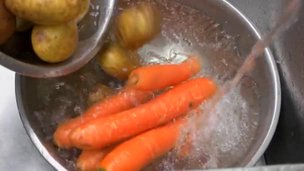 Gemüse, das ins Wasser fällt, langsam. — Stockvideo